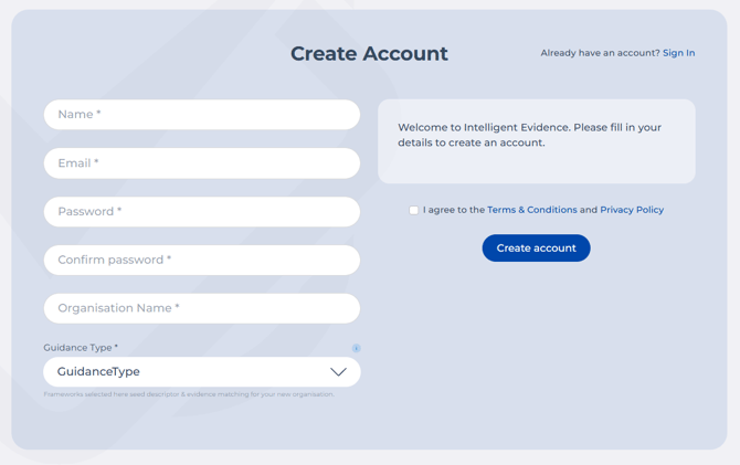create account screen